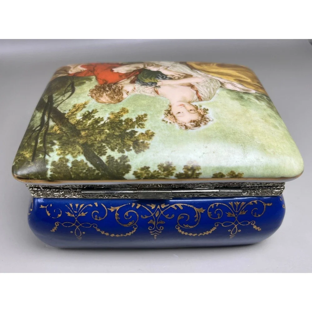 Lego Japan Vtg Porcelain Musical Jewelry Box Fragonard Style Cobalt Blue Gold